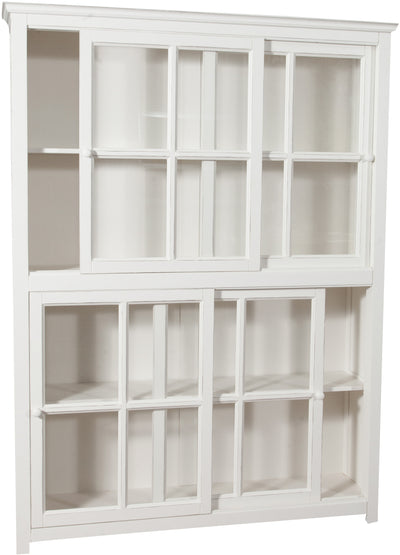 Biscottini Libreria vetrina con ante scorrevoli in legno massello di tiglio, finitura bianca anticata L154xPR37xH212 cm. Made in Italy