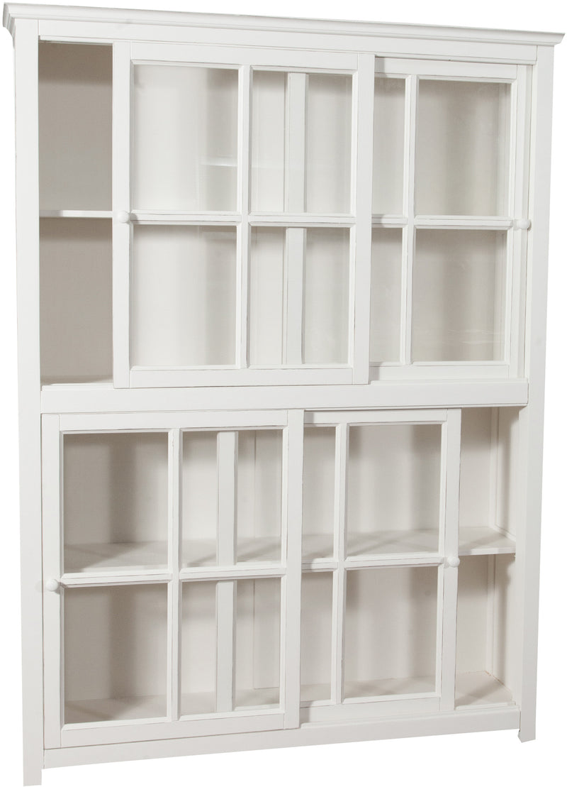 Biscottini Libreria vetrina con ante scorrevoli in legno massello di tiglio, finitura bianca anticata L154xPR37xH212 cm. Made in Italy