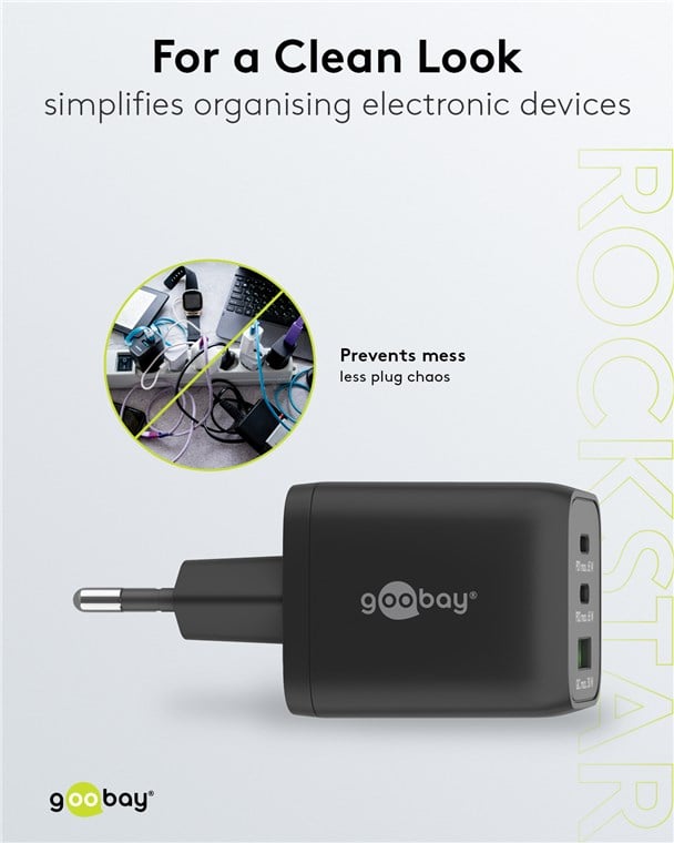 Nano Caricatore Alimentatore GaN 2xUSB-C (PD) + USB-A (QC) da Muro 65W Nero