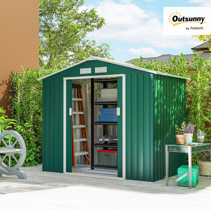 Casetta da Giardino Porta Utensili in Lamiera di Acciaio, Capanno da Giardino in Acciaio con Porte Scorrevoli, 213x130x185cm, Verde