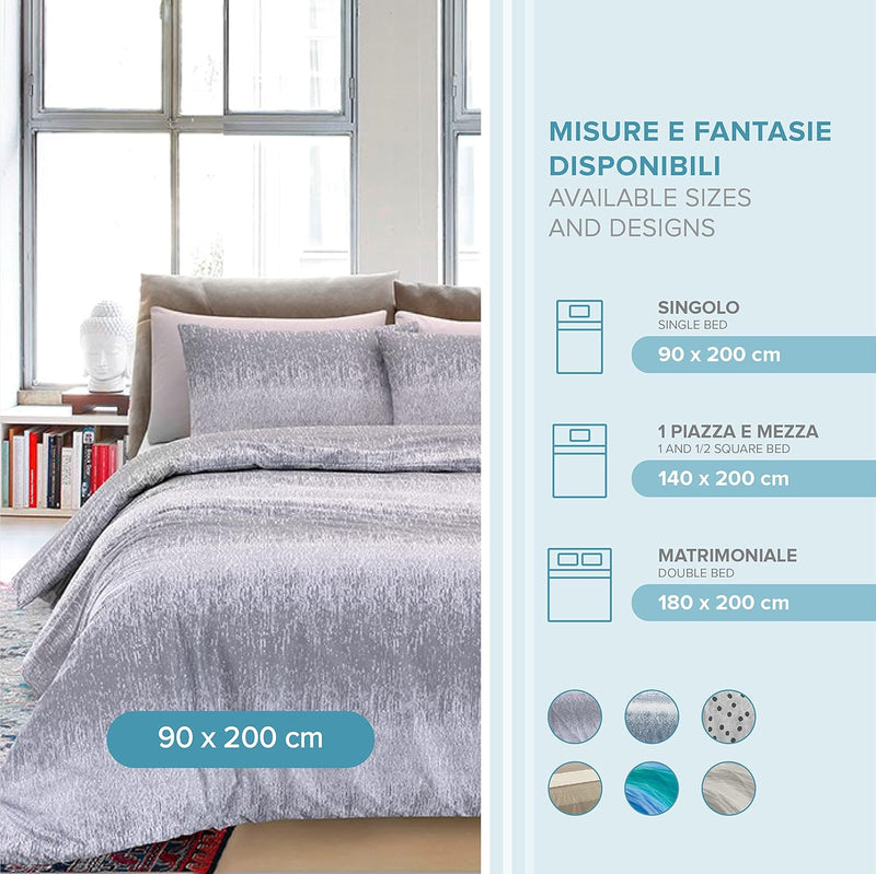 Dorian Home, Completo Letto 1 Piazza e Mezza 100% Cotone, Completo Lenzuola 130 x 200, Formato da Lenzuolo Sotto, Lenzuolo Sopra e una Federa, Made in Italy, Fantasia Drops Grigio