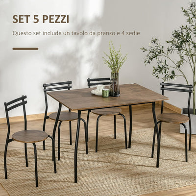 Set da Pranzo con Tavolo e 4 Sedie in Acciaio e MDF per Cucina, Sala da Pranzo e Spazi Limitati, Marrone Noce e Nero