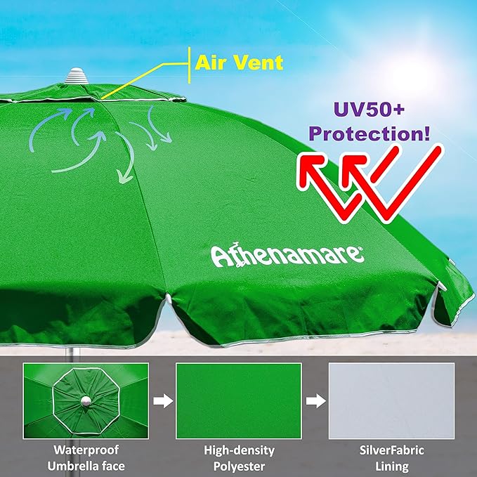 Ombrellone da spiaggia verde antivento alluminio Protezione solare UV50+ Punta elica Inclinabile regolabile altezza Made in Italy giardino piscina