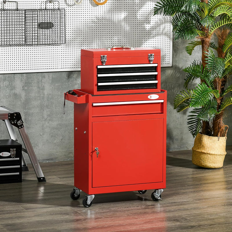 Carrello Porta Attrezzi 2 in 1 con Cassetta Portautensili Rimovibile, Armadietto con Chiave e 4 Cassetti Totali in Acciaio, Rosso