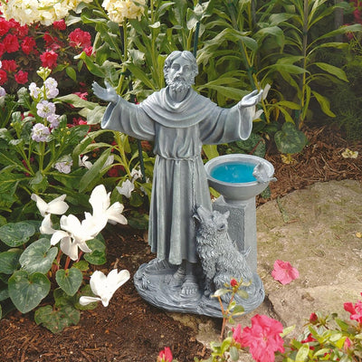 Design Toscano La benedizione di San Francesco Decorazione religiosa da giardino con mangiatoia per uccelli, poliresina, pietra grigia, 48 cm