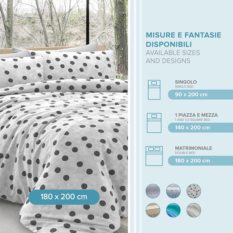 Dorian Home Completo Letto Matrimoniale, Lenzuola Matrimoniali 100% Cotone 180x200 cm, Formato dal Lenzuolo Sopra, Lenzuolo Sotto e Due Federe, Made in Italy, Fantasia Pois Grigio