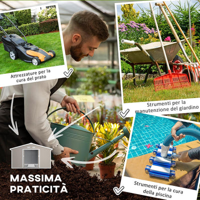 Casetta da Giardino 12.4m² con Fondazione, 4 Prese d'Aria e 2 Porte Scorrevoli, Capanno Porta Attrezzi in Lamiera d'Acciaio, 340x386x200 cm, Grigio Chiaro