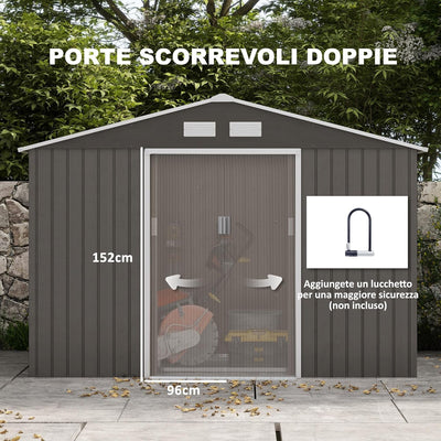 Casetta da Giardino con Base e Doppie Porte Scorrevoli in Lamiera di Acciaio, Capanno da Giardino in Acciaio, 277x195x192cm, Grigia