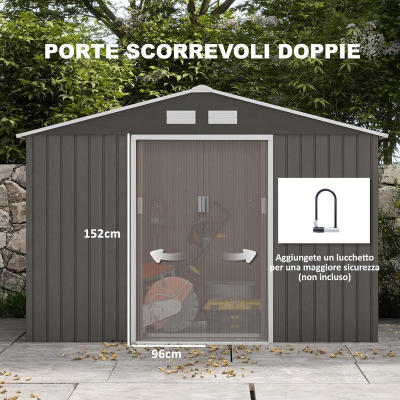 Casetta da Giardino con Base e Doppie Porte Scorrevoli in Lamiera di Acciaio, Capanno da Giardino in Acciaio, 277x195x192cm, Grigia