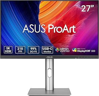 ASUS ProArt PA27JCV - 27 Inch 5K Professional Monitor - 16:9, 5120 x 2880, 10-bit, LuxPixel AGLR, Car KVM, Ergonomic, Calman, DisplayHDR 500 - DisplayPort, HDMI, 96W USB-C, USB-C, USB-Hub, Speaker