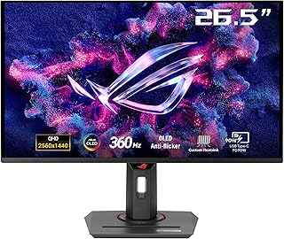 ASUS ROG Strix OLED XG27ACDNG, 27 Inch WQHD Gaming Monitor, 360 Hz, 0.03 ms GtG, G-Sync, FreeSync, AdaptiveSync, DisplayHDR 400, QD-OLED, 16:9, DP 1.4 DSC, HDMI 2.1, USB-C with 90 W, USB Hub, Ergo