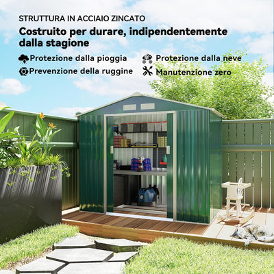 Casetta da Giardino Porta Utensili in Lamiera di Acciaio, Capanno da Giardino in Acciaio con Porte Scorrevoli, 213x130x185cm, Verde