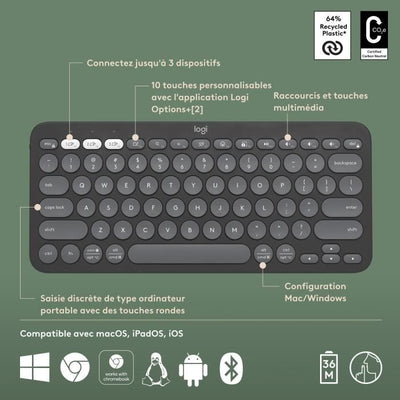 LOGITECH - Tastiera wireless - Pebble Keys 2 M380s - Bluetooth - Pulsante Easy-Switch - Grafite - (920-011803)