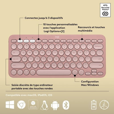 LOGITECH - Tastiera wireless - Pebble Keys 2 M380s - Bluetooth - Pulsante Easy-Switch - Rosa - (920-011805)