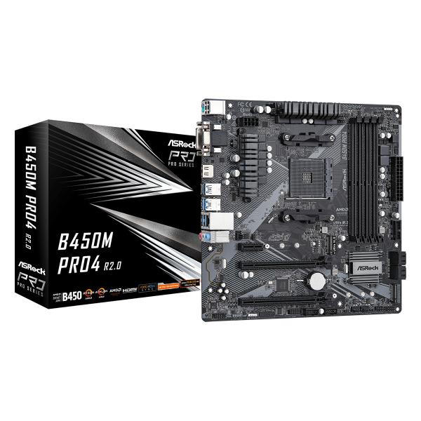 Asrock B450M Pro4 R2.0 AMD B450 Socket AM4 micro ATX (ASRock B450M Pro4 R2.0 Super Alloy AMD AM4 Socket Motherboard, Micro-ATX, 4x DDR4 Slots, 2x M.2 Sockets, GbE LAN, 1x D-Sub / 1x DVI-D / 1x HDMI P