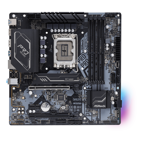 Scheda madre AsRock H670M Pro RS - Supporto processori Intel Socket 1700 12th Gen Intel Core - Ram 4x DDR4 - Hdmi, DisplayPort - RAID 0,1,5,10 - 8x Usb3.2 / 2x Usb2.0 - GLan - Audio HD - Micro-ATX