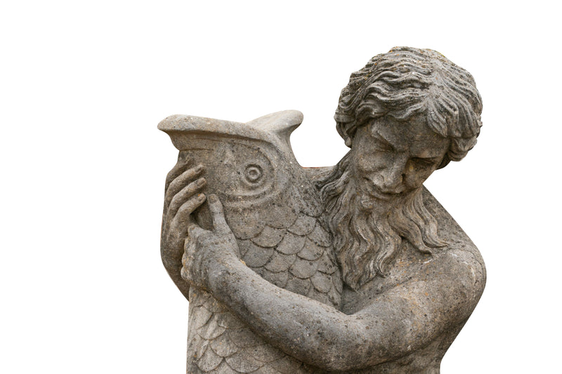 Biscottini Vecchia statua in pietra raffigurante un uomo con un pesce Molto solida robusta