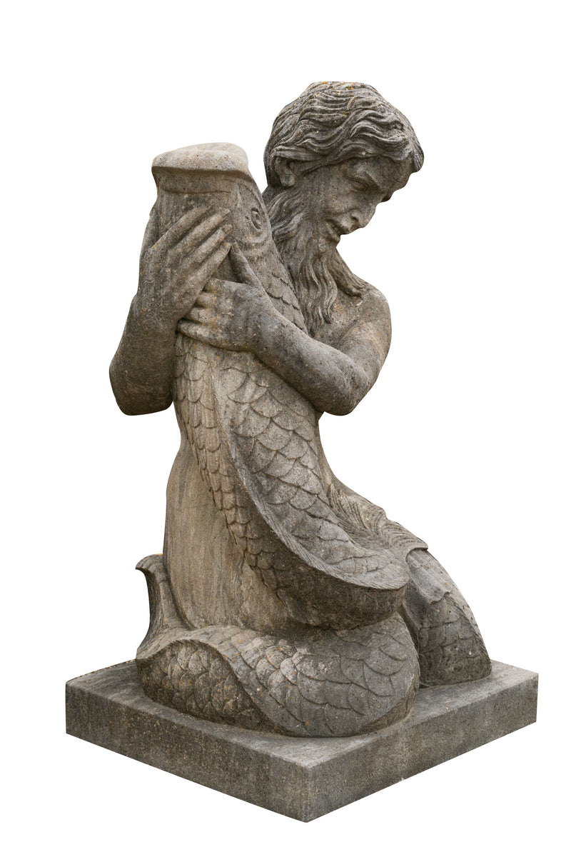 Biscottini Vecchia statua in pietra raffigurante un uomo con un pesce Molto solida robusta