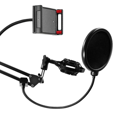 Braccio Supporto Regolabile da tavolo per Microfono e Smartphone con Filtro Antipop- Ragno- Clips