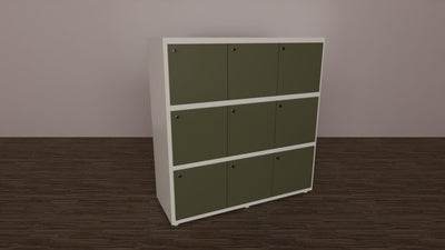 Casellario a 9 posti con struttura bianca in melaminico e ante colorate cm. 153,1x55x156,4h