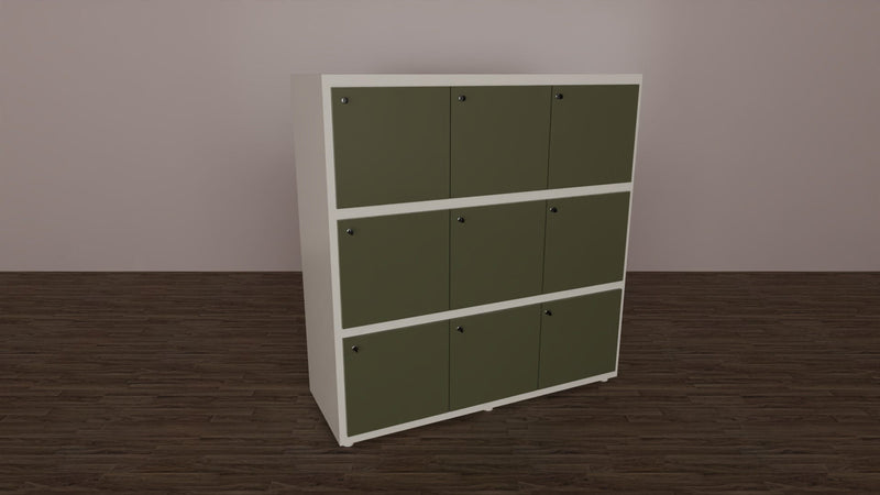 Casellario a 9 posti con struttura bianca in melaminico e ante colorate cm. 153,1x55x156,4h