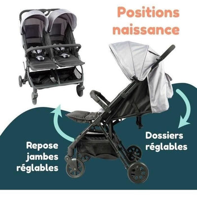 Bambisol - DS209 GRIGIO NERO - Passeggino doppio affiancato  Per gemelli dalla nascita, chiusura ultracompatta  Nero Grigio