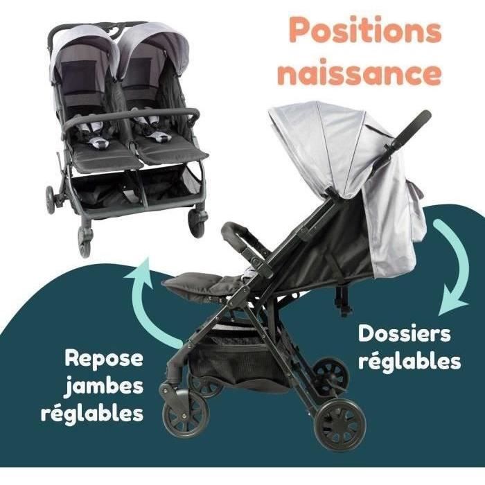 Bambisol - DS209 GRIGIO NERO - Passeggino doppio affiancato  Per gemelli dalla nascita, chiusura ultracompatta  Nero Grigio