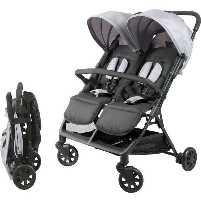 Bambisol - DS209 GRIGIO NERO - Passeggino doppio affiancato  Per gemelli dalla nascita, chiusura ultracompatta  Nero Grigio