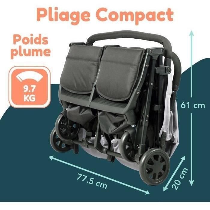 Bambisol - DS209 GRIGIO NERO - Passeggino doppio affiancato  Per gemelli dalla nascita, chiusura ultracompatta  Nero Grigio