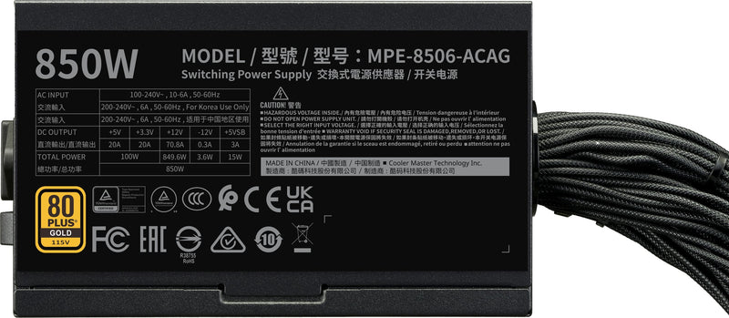 Alimentatore per PC - COOLER MASTER - MPE-8506-ACAG-BEU - MWE Gold 850 V3 non modulare - ATX 3.1 - 80+ GOLD - 850 W