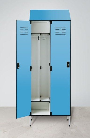 Armadio spogliatoio in laminato stratificato HPL con tramezza sporco/pulito e tetto inclinato a 2 posti cm. 80x50x225h