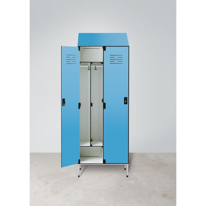 Armadio spogliatoio in laminato stratificato HPL con tramezza sporco/pulito e tetto inclinato a 2 posti cm. 80x50x225h