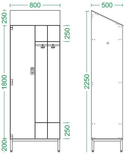 Armadio spogliatoio in laminato stratificato HPL con tramezza sporco/pulito e tetto inclinato a 2 posti cm. 80x50x225h