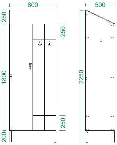 Armadio spogliatoio in laminato stratificato HPL con tramezza sporco/pulito e tetto inclinato a 2 posti cm. 80x50x225h