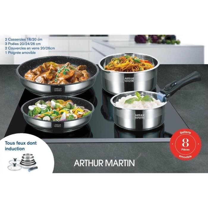 Arthur Martin AM2493 Batteria da cucina a 8 parti - acciaio inossidabile - manico rimovibile - tutte le luci inclusa l&