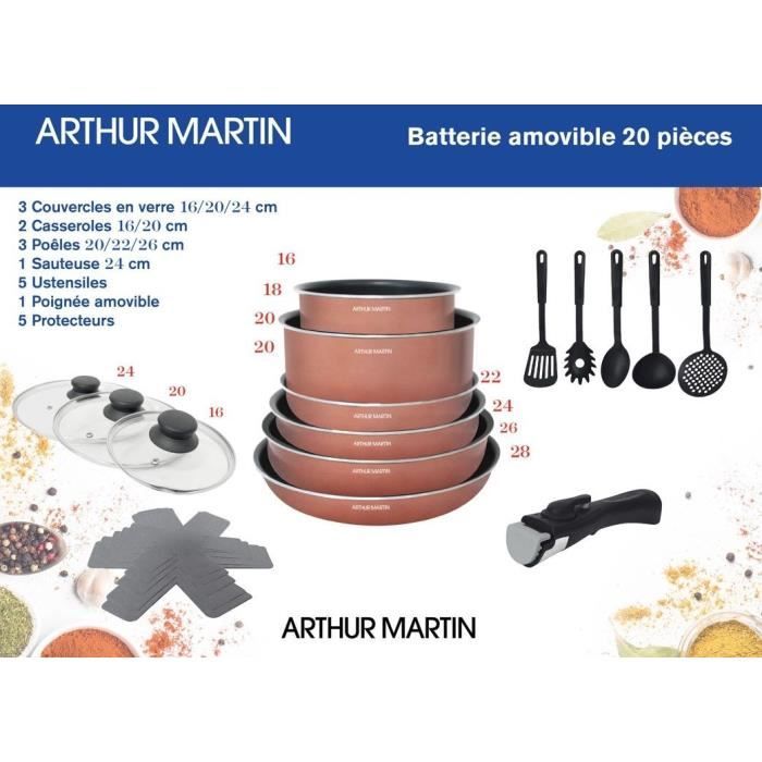 Batteria da cucina 20 pezzi Arthur Martin - alluminio - manico rimovibile - tutte le luci inclusa l&