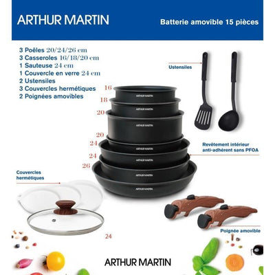 Arthur Martin AM1502 Set pentole 15 pezzi - manico estraibile effetto legno - tutte le fonti di calore compresa l'induzione