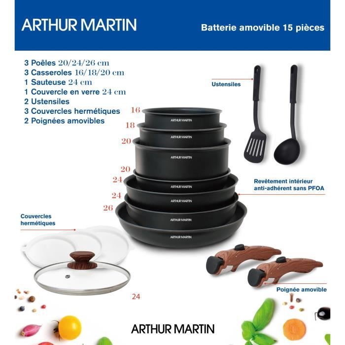 Arthur Martin AM1502 Set pentole 15 pezzi - manico estraibile effetto legno - tutte le fonti di calore compresa l&
