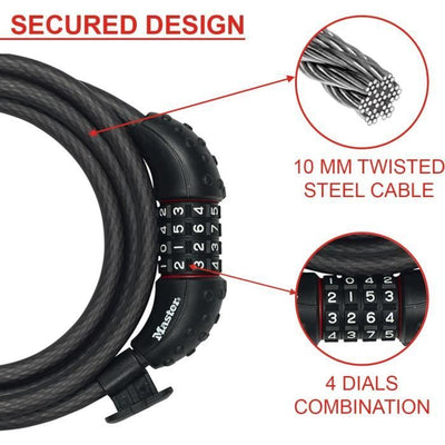 Lucchetto per bicicletta - MASTER LOCK - 8120EURDPRO - Cavo in acciaio intrecciato - Lunghezza 1,8 m