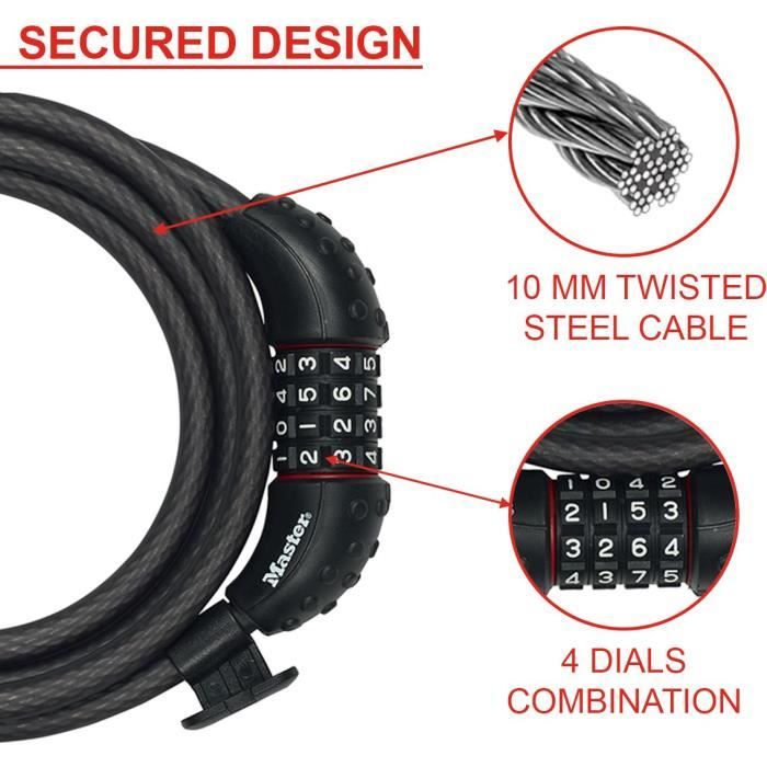 Lucchetto per bicicletta - MASTER LOCK - 8120EURDPRO - Cavo in acciaio intrecciato - Lunghezza 1,8 m
