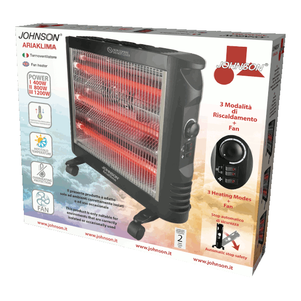 Stufa al Quarzo Ventilata Potenza 400-1200W 3 Modalità di Riscaldamento Ventola Spegnimento Automatico Protezione Surriscaldamento