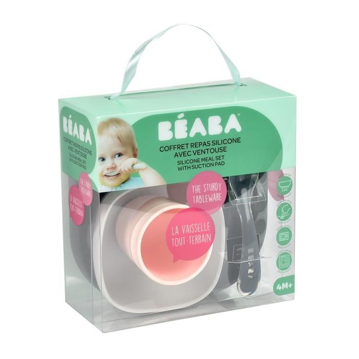 BEABA, Portapasto in Silicone per Bambini, Con Ventosa, Antiscivolo, 4 Pezzi, Piatto + Ciotola + Bicchiere + Cucchiaio, Blu Notte