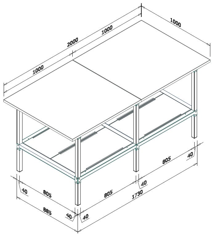 Banco lavoro con piano inferiore metallico e struttura di metallo zincato cm. 200x100x93h
