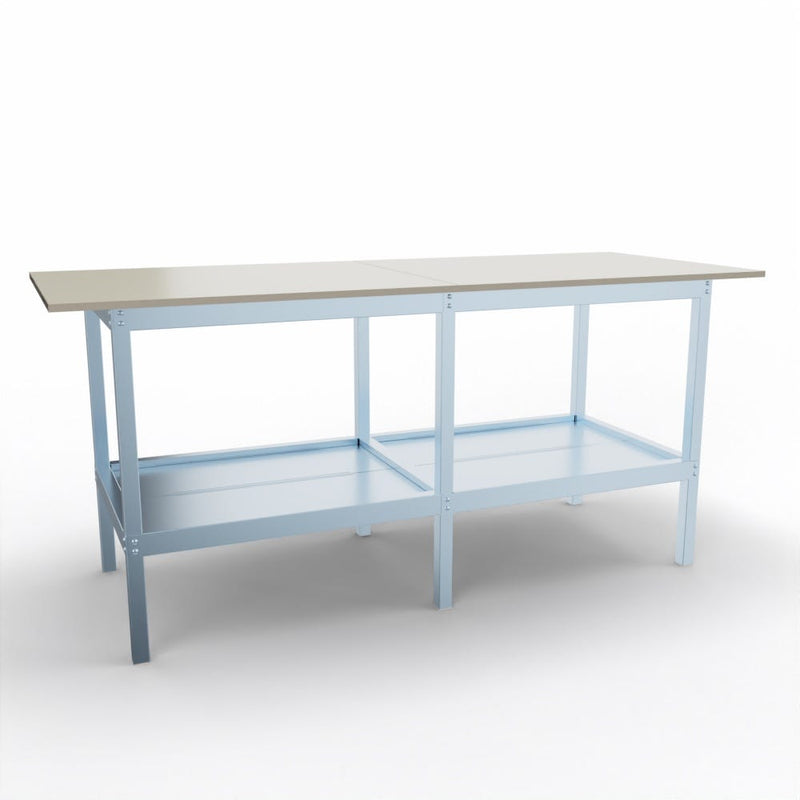 Banco da lavoro fisso o su ruote con struttura in metallo e piano in legno cm. 200x80x93h