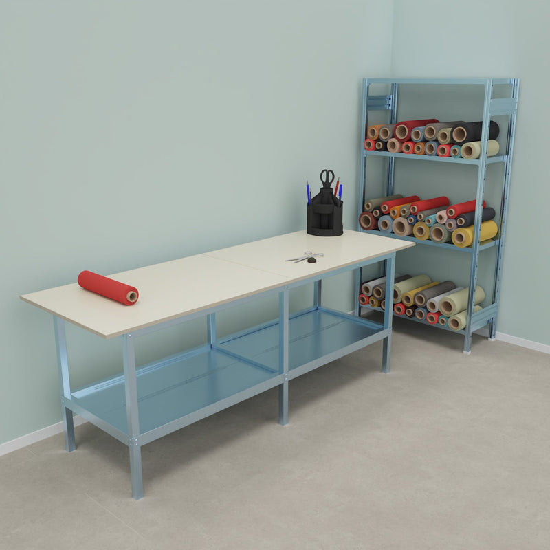 Banco lavoro in metallo e legno con accessori e piano inferiore metallico cm. 240x80x93h