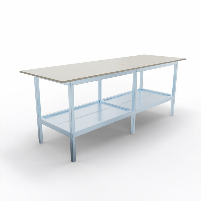 Banco lavoro in metallo e legno con accessori e piano inferiore metallico cm. 240x80x93h