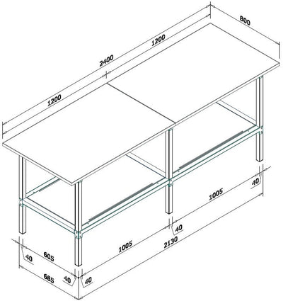 Banco lavoro in metallo e legno con accessori e piano inferiore metallico cm. 240x80x93h