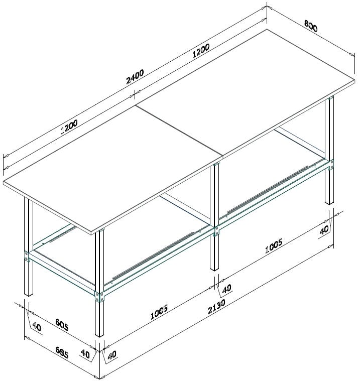 Banco lavoro in metallo e legno con accessori e piano inferiore metallico cm. 240x80x93h