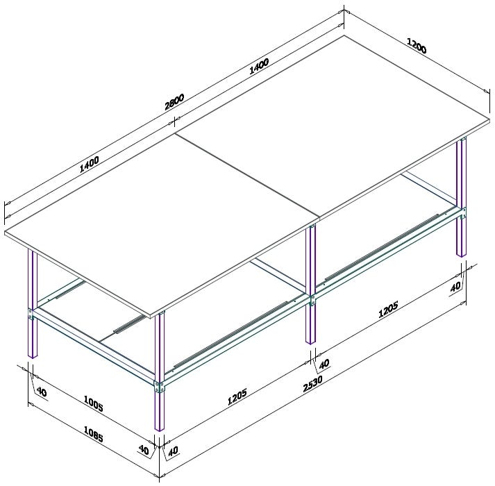Banco per lavoro con struttura di metallo zincata e piano in nobilitato cm. 280x120x93h