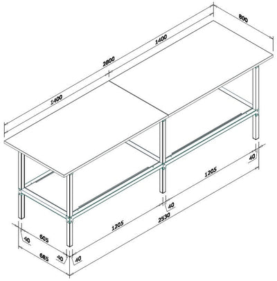 Banco per lavoro di metallo zincato con piano nobilitato cm. 280x80x93h